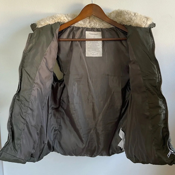 Zara Puffer Vest Removable Hood, Olive Green and Brown, Women's Large - Picture 3 of 11